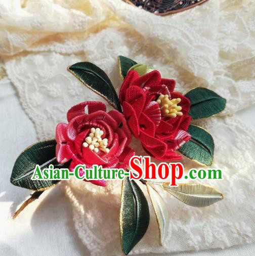 Chinese Traditional Hanfu Hair Accessories Song Dynasty Court Hairpin Ancient Princess Red Silk Camellia Hair Stick