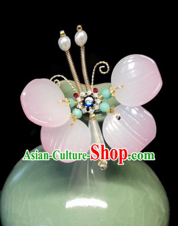 Chinese Song Dynasty Pink Butterfly Hairpin Traditional Hanfu Hair Accessories Ancient Princess Crystal Hair Stick