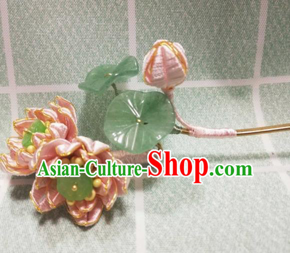 Chinese Traditional Jade Leaf Hairpin Hanfu Hair Accessories Ancient Song Dynasty Princess Pink Silk Lotus Hair Stick