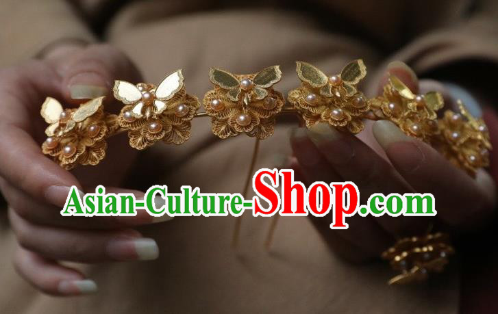 Chinese Traditional Court Pearls Hairpin Hanfu Hair Accessories Ancient Ming Dynasty Empress Golden Butterfly Hair Crown