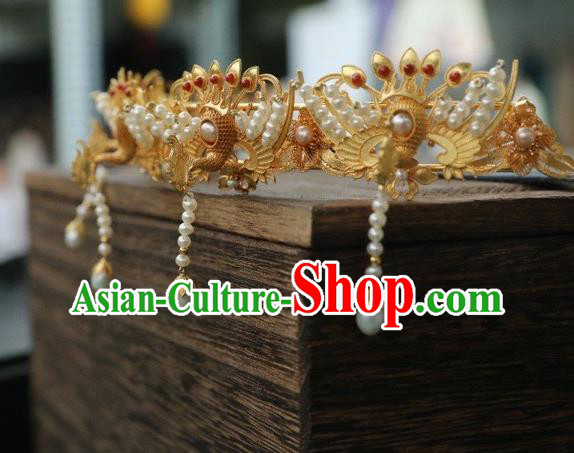 Chinese Traditional Pearls Tassel Hairpin Hanfu Hair Accessories Ancient Ming Dynasty Empress Golden Phoenix Hair Crown