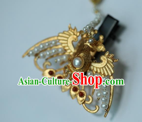 Chinese Traditional Pearls Hairpin Hanfu Hair Accessories Ancient Ming Dynasty Empress Golden Phoenix Hair Stick