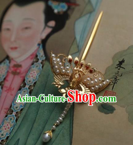 Chinese Traditional Pearls Tassel Phoenix Hairpin Hanfu Hair Accessories Ancient Ming Dynasty Empress Golden Hair Stick
