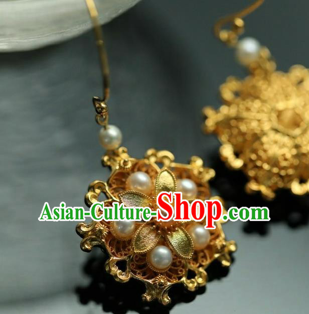 Chinese Ancient Empress Golden Flower Ear Jewelry Traditional Ming Dynasty Pearls Earrings Accessories