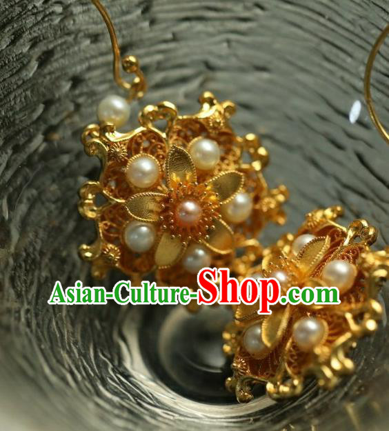 Chinese Ancient Empress Golden Flower Ear Jewelry Traditional Ming Dynasty Pearls Earrings Accessories