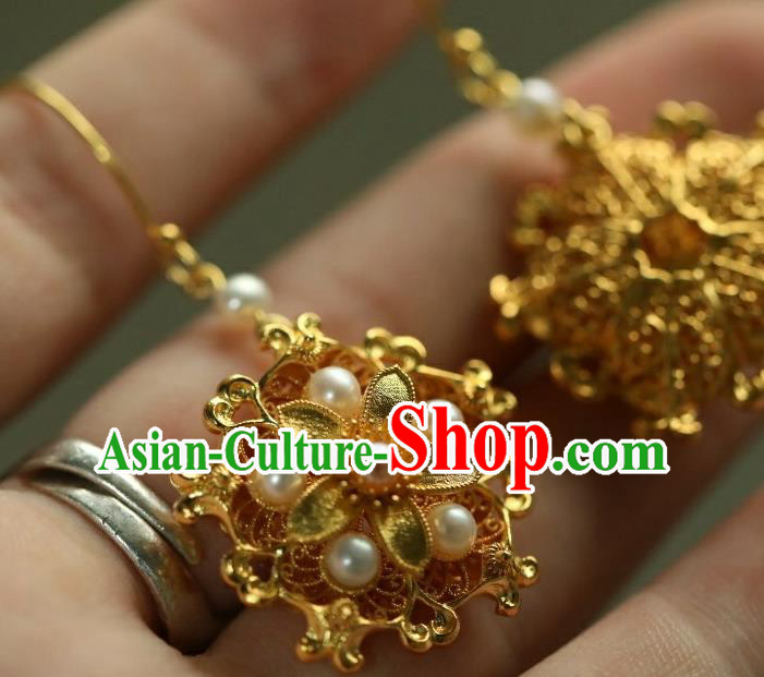 Chinese Ancient Empress Golden Flower Ear Jewelry Traditional Ming Dynasty Pearls Earrings Accessories