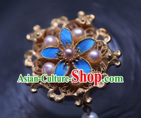 Chinese Traditional Ming Dynasty Pearls Earrings Accessories Ancient Empress Cloisonne Flower Ear Jewelry