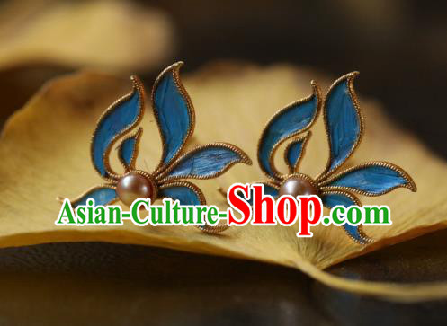Chinese Traditional Ming Dynasty Silver Earrings Accessories Ancient Empress Cloisonne Orchid Ear Jewelry