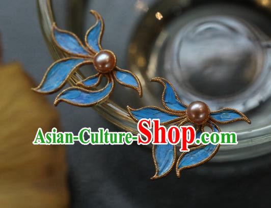 Chinese Traditional Ming Dynasty Silver Earrings Accessories Ancient Empress Cloisonne Orchid Ear Jewelry