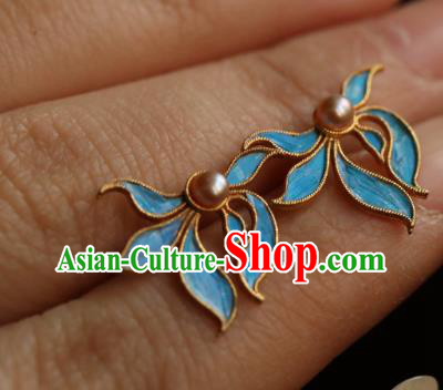 Chinese Traditional Ming Dynasty Silver Earrings Accessories Ancient Empress Cloisonne Orchid Ear Jewelry