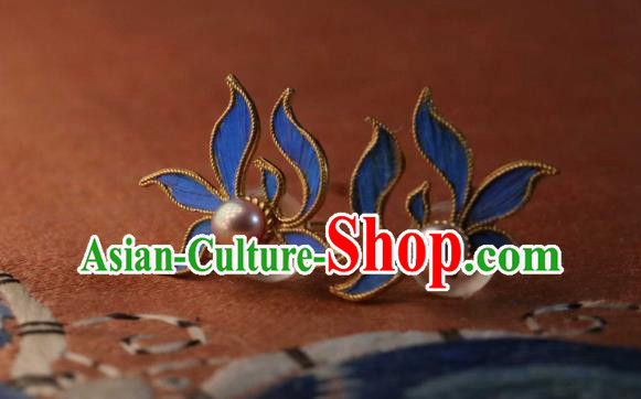 Chinese Traditional Ming Dynasty Silver Earrings Accessories Ancient Empress Cloisonne Orchid Ear Jewelry