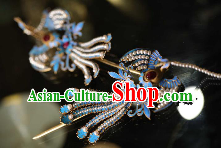 Chinese Traditional Ruby Hairpin Hanfu Hair Accessories Ancient Ming Dynasty Empress Pearls Phoenix Hair Crown