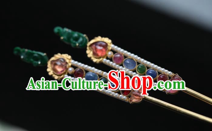 Chinese Traditional Gems Hairpin Hanfu Hair Accessories Ancient Qing Dynasty Empress Jade Pearls Hair Stick