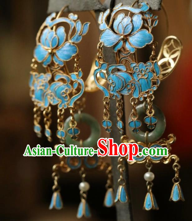 Chinese Ancient Empress Jade Ear Jewelry Traditional Qing Dynasty Cloisonne Earrings Accessories