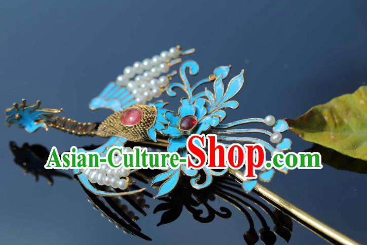 Chinese Hanfu Hair Accessories Ancient Ming Dynasty Empress Cloisonne Phoenix Hair Stick Traditional Court Tassel Hairpin