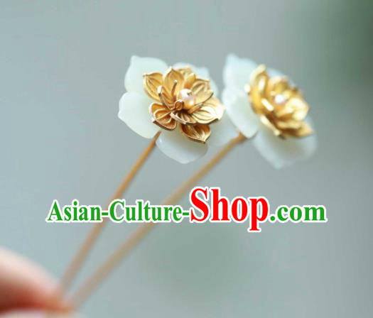 Chinese Ancient Empress Golden Lotus Hair Stick Handmade Hair Accessories Traditional Court Jade Hairpin