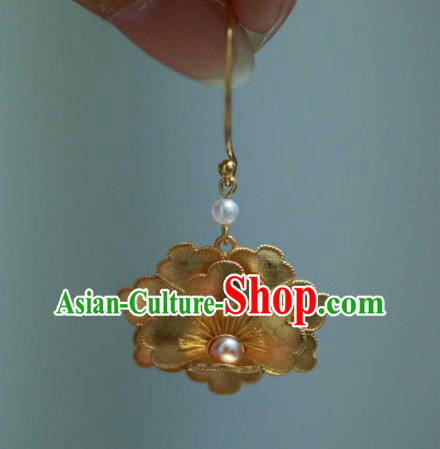 Chinese Traditional Ming Dynasty Golden Peony Earrings Accessories Ancient Empress Pearls Ear Jewelry