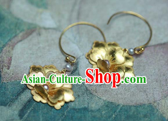 Chinese Traditional Ming Dynasty Golden Peony Earrings Accessories Ancient Empress Pearls Ear Jewelry