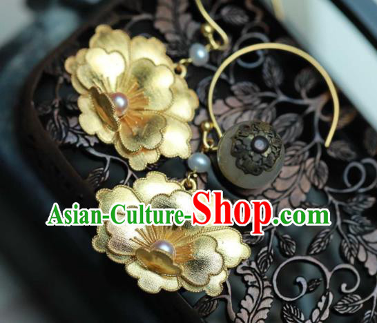 Chinese Traditional Ming Dynasty Golden Peony Earrings Accessories Ancient Empress Pearls Ear Jewelry
