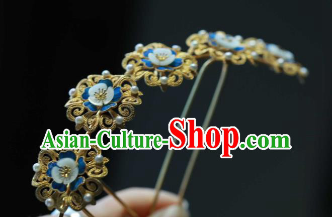 Chinese Traditional Blueing Plum Blossom Hairpin Ancient Qing Dynasty Hair Stick Handmade Hair Accessories
