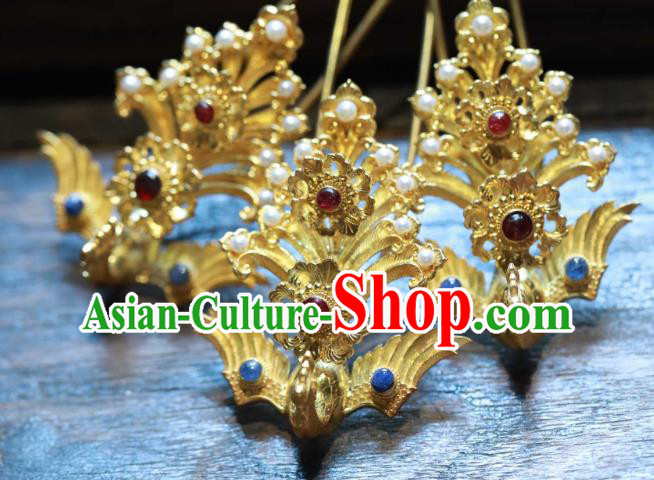 Chinese Traditional Ming Dynasty Gems Hair Crown Handmade Hair Accessories Ancient Empress Golden Phoenix Hairpin