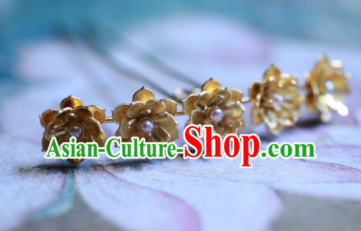 Chinese Traditional Ming Dynasty Pearls Hair Stick Handmade Hair Accessories Ancient Empress Golden Lotus Hairpin