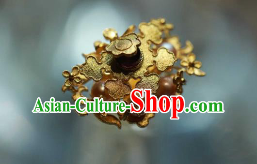 Chinese Traditional Ming Dynasty Pearls Golden Earrings Accessories Ancient Empress Tourmaline Ear Jewelry