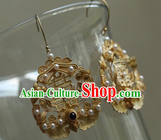 Chinese Ancient Ming Dynasty Empress Pearls Ear Jewelry Traditional Wedding Golden Phoenix Earrings Accessories