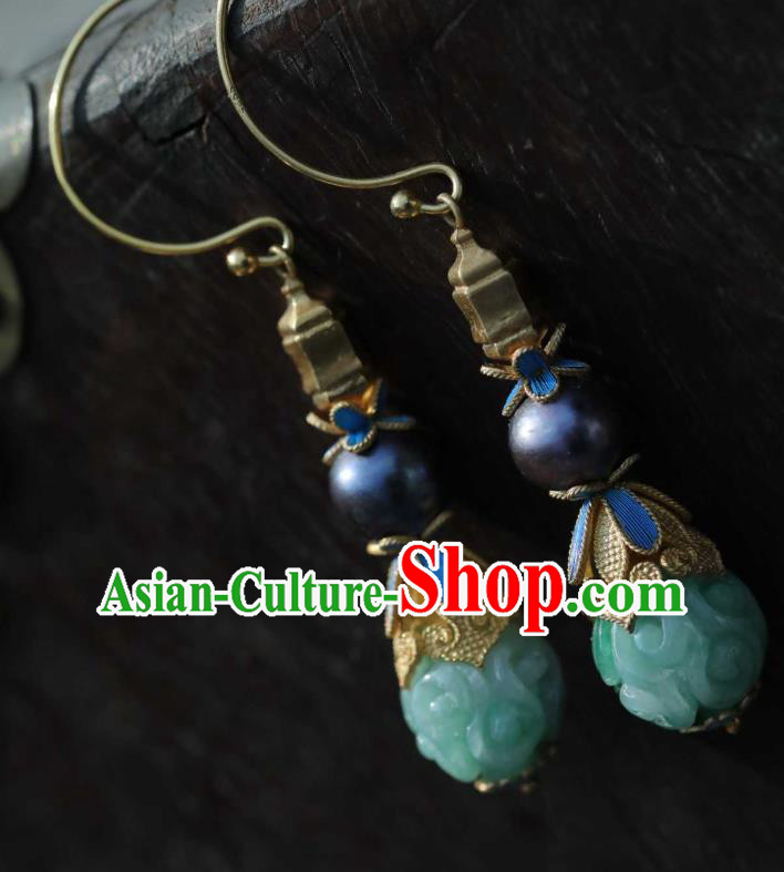 Chinese Traditional Court Jade Earrings Accessories Ancient Qing Dynasty Ear Jewelry