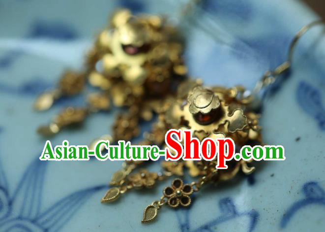Chinese Traditional Amethyst Earrings Accessories Ancient Ming Dynasty Golden Plum Tassel Ear Jewelry