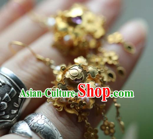 Chinese Traditional Amethyst Earrings Accessories Ancient Ming Dynasty Golden Plum Tassel Ear Jewelry