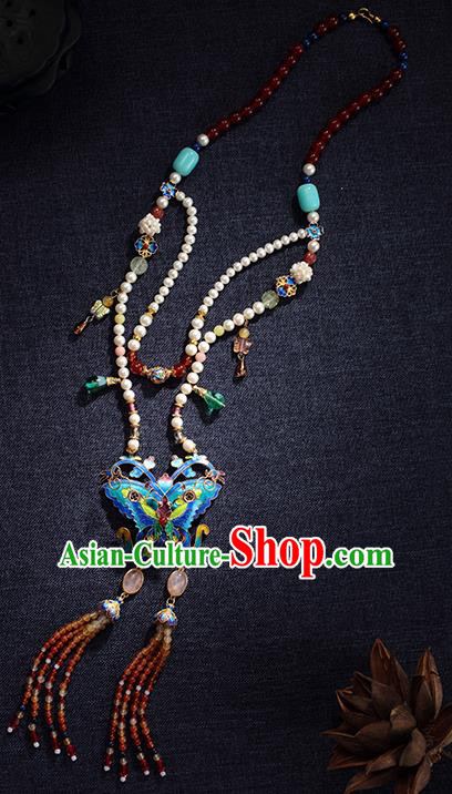 China Traditional Blueing Butterfly Necklace Jewelry Accessories Ming Dynasty Beads Tassel Necklet Pendant