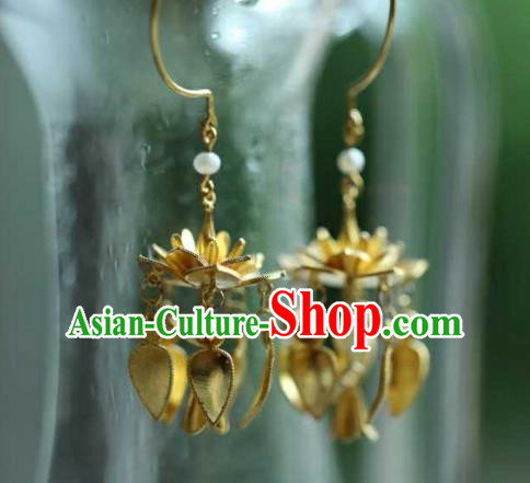 Chinese Traditional Ming Dynasty Tassel Earrings Accessories Ancient Empress Golden Lotus Ear Jewelry