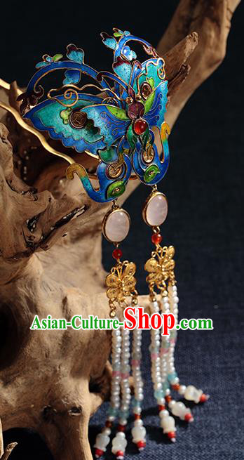 Chinese Ancient Empress Pearls Tassel Hairpin Traditional Qing Dynasty Blueing Butterfly Hair Stick