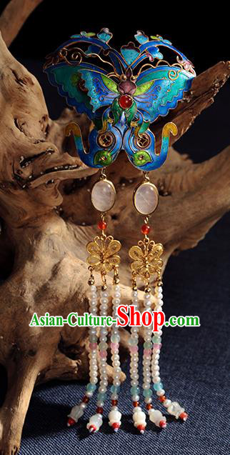 Chinese Ancient Empress Pearls Tassel Hairpin Traditional Qing Dynasty Blueing Butterfly Hair Stick