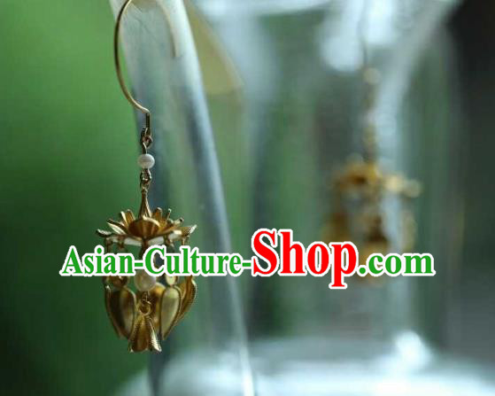 Chinese Traditional Ming Dynasty Tassel Earrings Accessories Ancient Empress Golden Lotus Ear Jewelry
