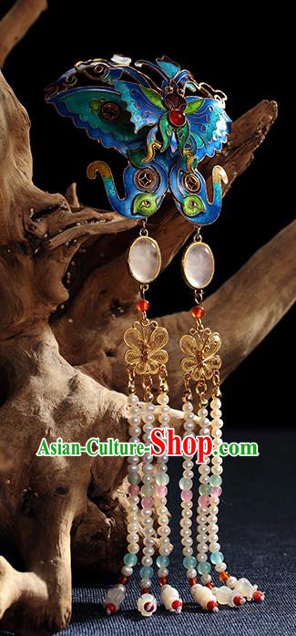 Chinese Ancient Empress Pearls Tassel Hairpin Traditional Qing Dynasty Blueing Butterfly Hair Stick