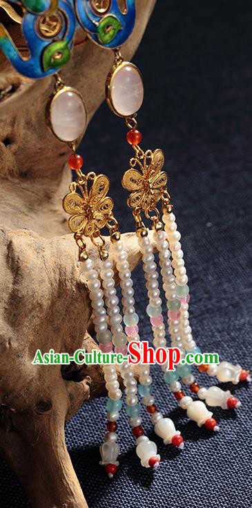 Chinese Ancient Empress Pearls Tassel Hairpin Traditional Qing Dynasty Blueing Butterfly Hair Stick