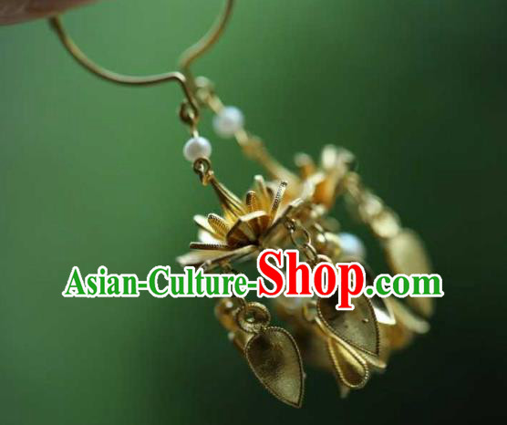 Chinese Traditional Ming Dynasty Tassel Earrings Accessories Ancient Empress Golden Lotus Ear Jewelry