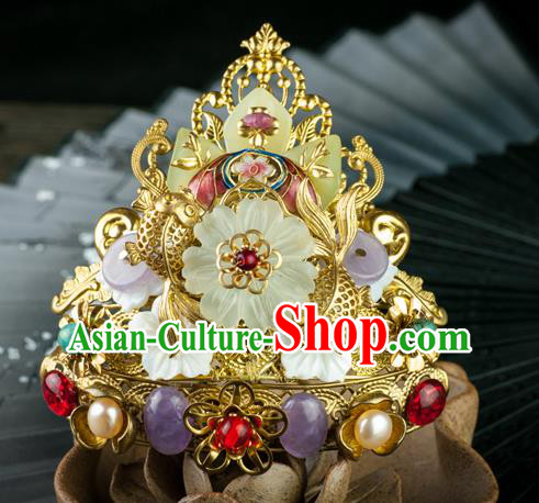 Chinese Ancient Empress Gems Hair Crown Traditional Ming Dynasty Jade Golden Hair Comb