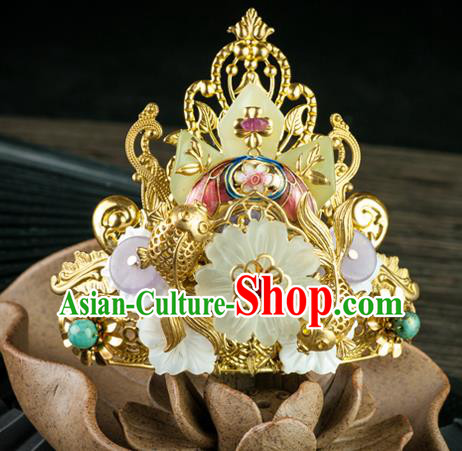 Chinese Ancient Empress Gems Hair Crown Traditional Ming Dynasty Jade Golden Hair Comb