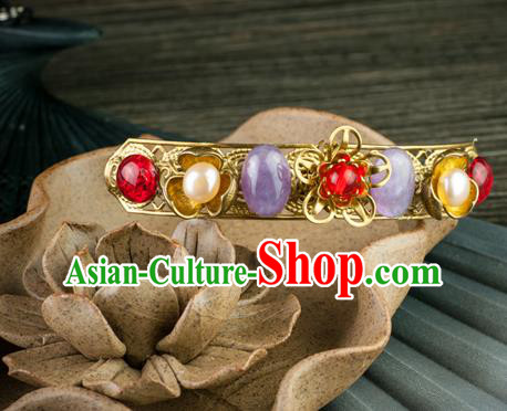 Chinese Ancient Court Woman Gems Hair Stick Traditional Ming Dynasty Empress Golden Hairpin