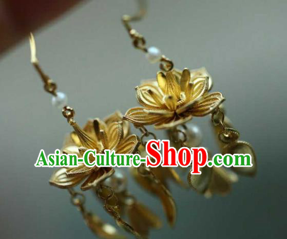 Chinese Traditional Ming Dynasty Tassel Earrings Accessories Ancient Empress Golden Lotus Ear Jewelry