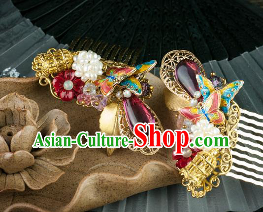 Chinese Ancient Princess Cloisonne Butterfly Hair Comb Traditional Ming Dynasty Palace Lady Pearls Hairpin