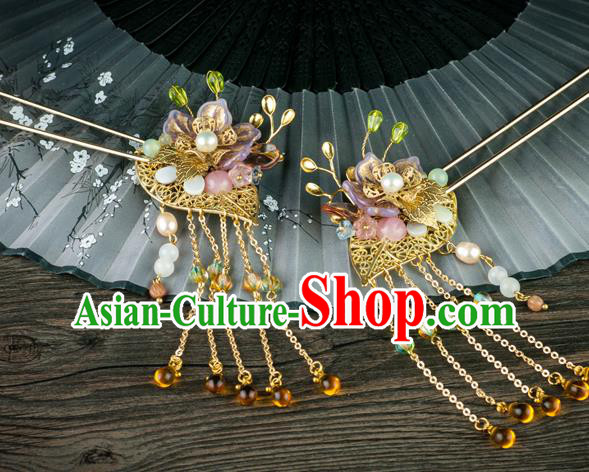 Chinese Traditional Ming Dynasty Princess Pearls Hairpin Ancient Palace Lady Topaz Tassel Hair Stick