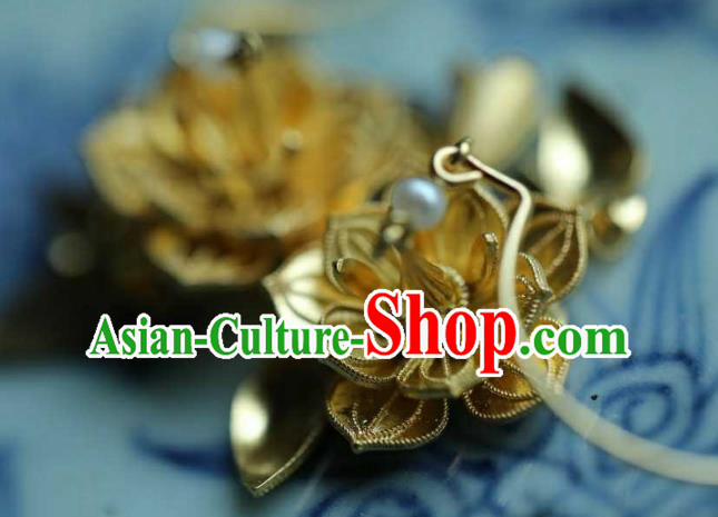 Chinese Traditional Ming Dynasty Tassel Earrings Accessories Ancient Empress Golden Lotus Ear Jewelry