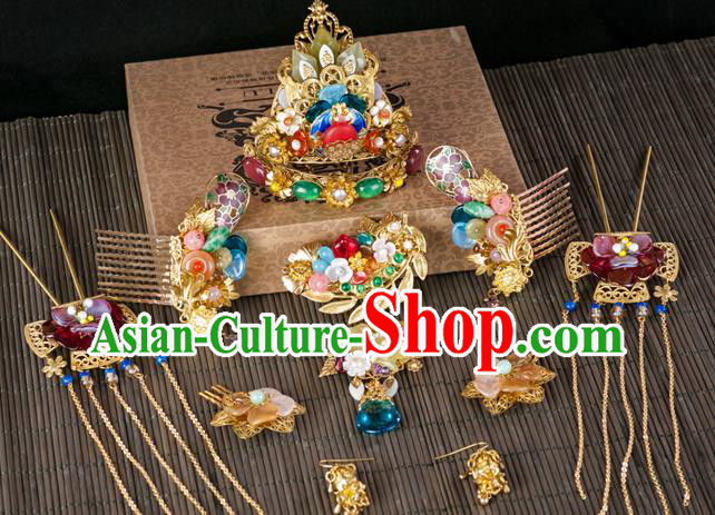 Chinese Ancient Court Empress Hair Accessories Traditional Ming Dynasty Jade Hair Crown and Hairpins Complete Set