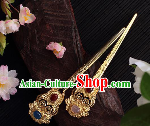 Chinese Ancient Palace Queen Ruby Hairpin Traditional Ming Dynasty Empress Golden Hair Stick