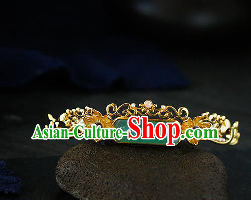 Chinese Ancient Empress Jade Carving Lotus Hairpin Traditional Ming Dynasty Golden Pearls Hair Stick