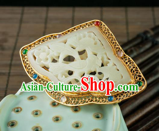 Chinese Ancient Empress Gems Hairpin Traditional Ming Dynasty Jade Carving Plum Hair Crown